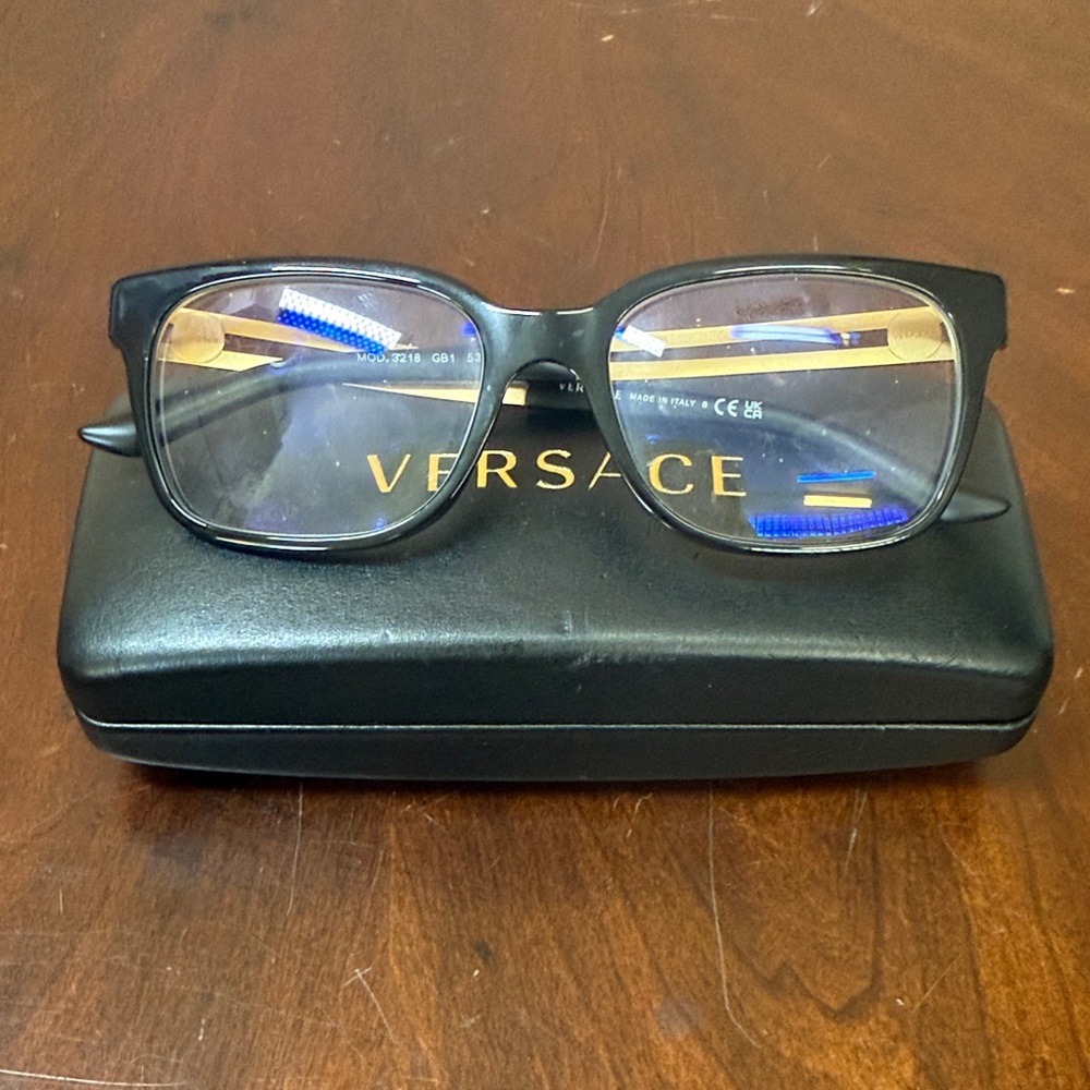Versace Men’s Black Rectangular Glasses with Gold Accents